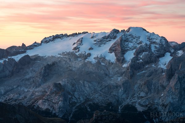 Marmolada catching the first rays of sunlight, taken from Piz Boe in the Dolomites