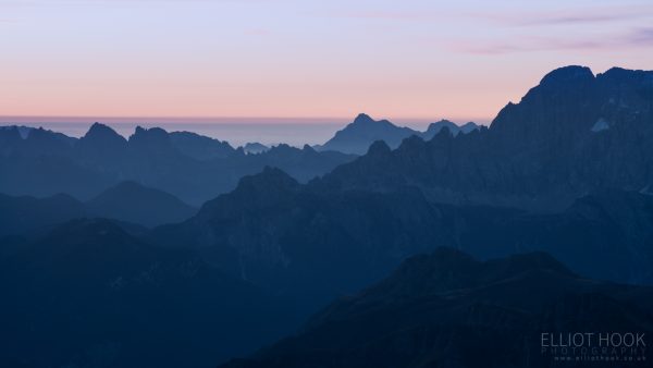 Layered landscape at twighlight, taken from Piz Boe in the Dolomites