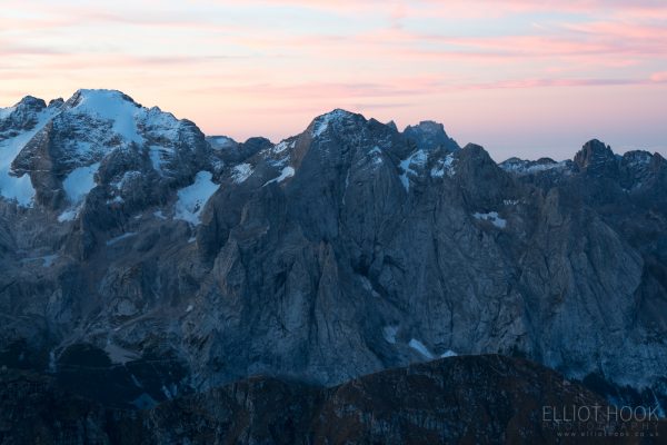 Marmolada in twilight, taken from Piz Boe in the Dolomites