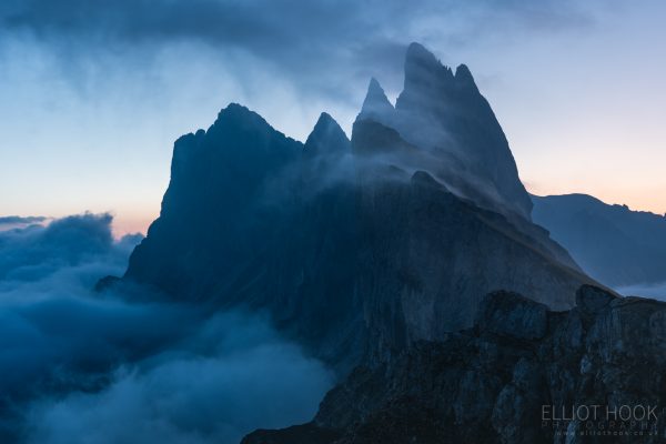 Seceda cloud inversion at Twilight, Dolomites